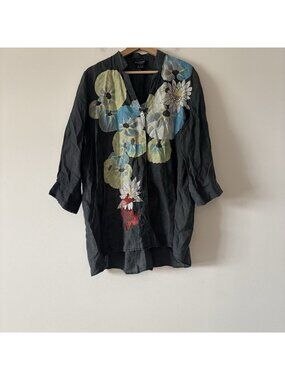 Citron Santa Monica Ramie Shirt Blouse Japanese Fish Women 1X Boho Artsy~AS IS